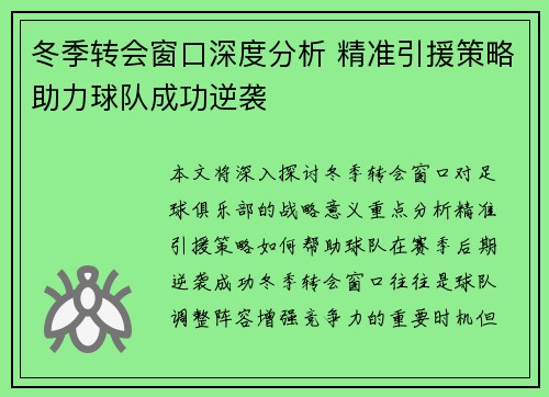 冬季转会窗口深度分析 精准引援策略助力球队成功逆袭
